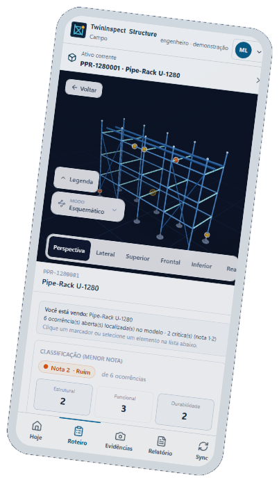 TwinInspect Structure no celular com o mesmo ativo e contexto espacial acompanhado na estação